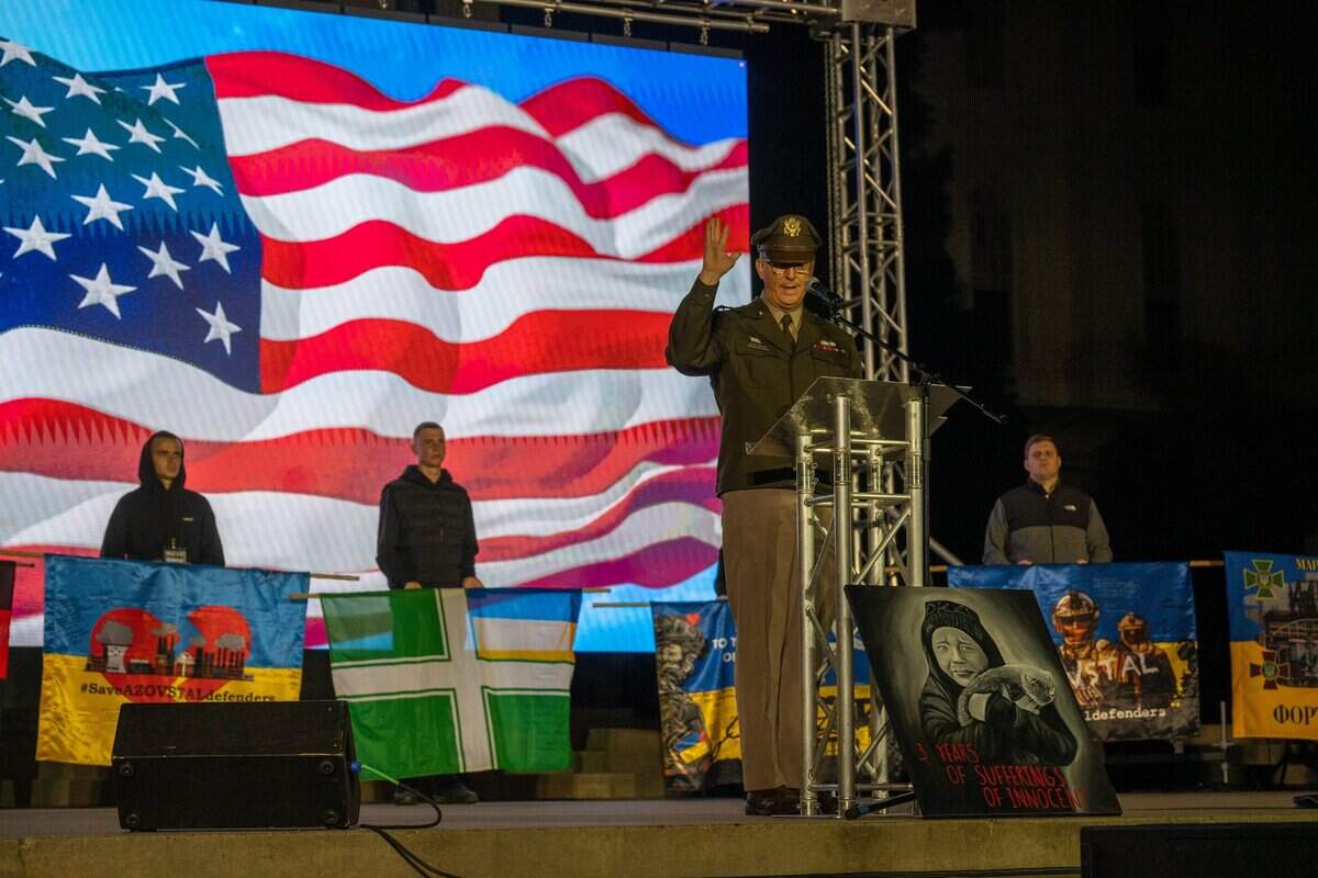 California National Guard Maj. Gen. Matthew Beevers speaks in solidarity with Ukraine at the state Capitol on Monday, the third anniversary of Russia’s invasion of the country. “It’s great to see the American flag out there tonight, don’t give up on us,” he said.