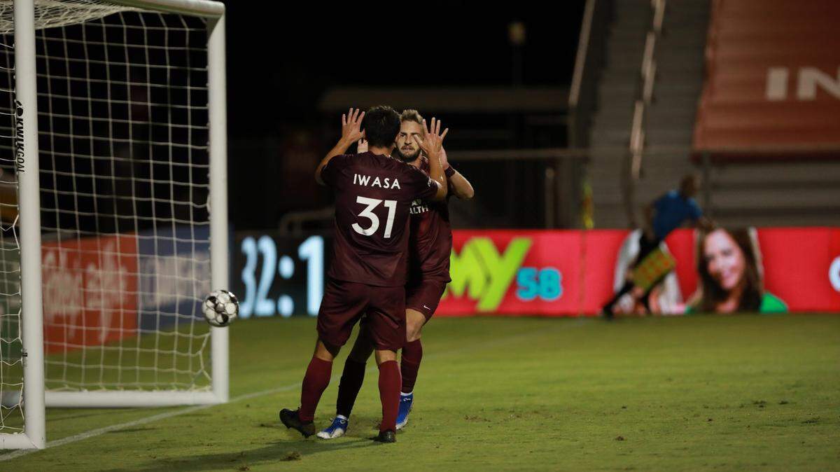 Republic FC forward Cameron Iwasa (31) celebrates his 50th career USL goal in his 100th career start with the club in Saturday’s 3-1 win over Tacoma Defiance in Sacramento. 