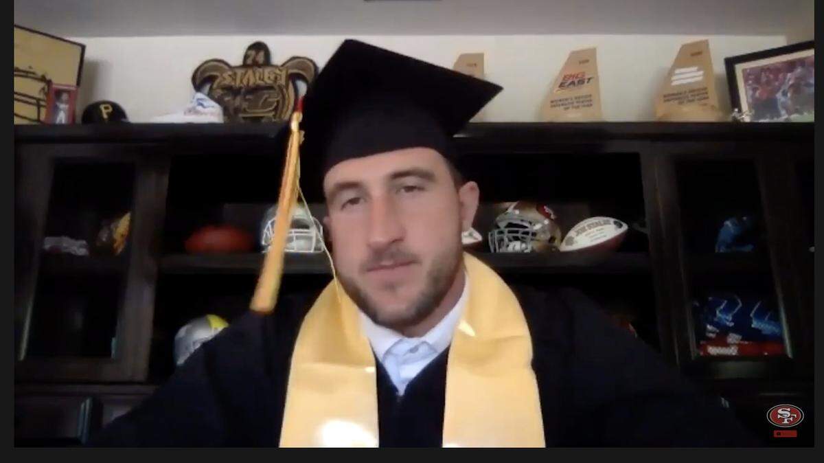 Former 49ers offensive lineman Joe Staley talks to recent graduates in a video released by the team Saturday to celebrate with students.