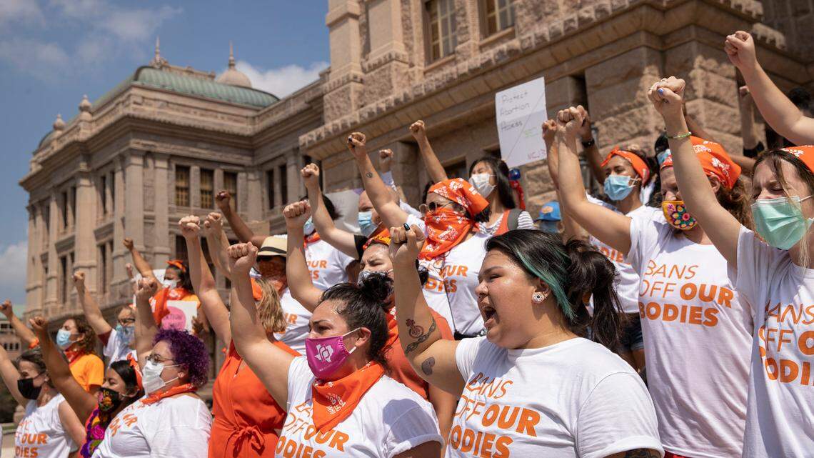 FILE - In this Sept. 1, 2021, file photo, women protest against the six-week abortion ban at the Capitol in Austin, Texas. (Jay Janner/Austin American-Statesman via AP, File)