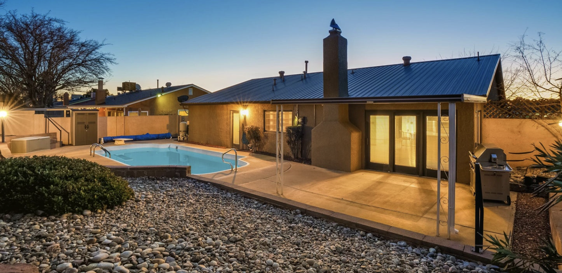The back of the famous Walter White house in Albuquerque, N.M. on AMC’s “Breaking Bad.” The home has three bedrooms.