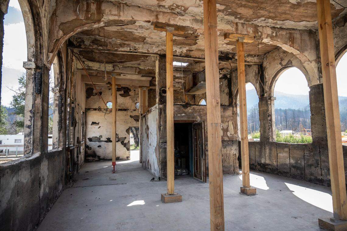 The historic Justice Court and Sheriff’s Office still stands with the help of some supports as seen on Thursday, a week before the one year anniversary of the Dixie Fire.