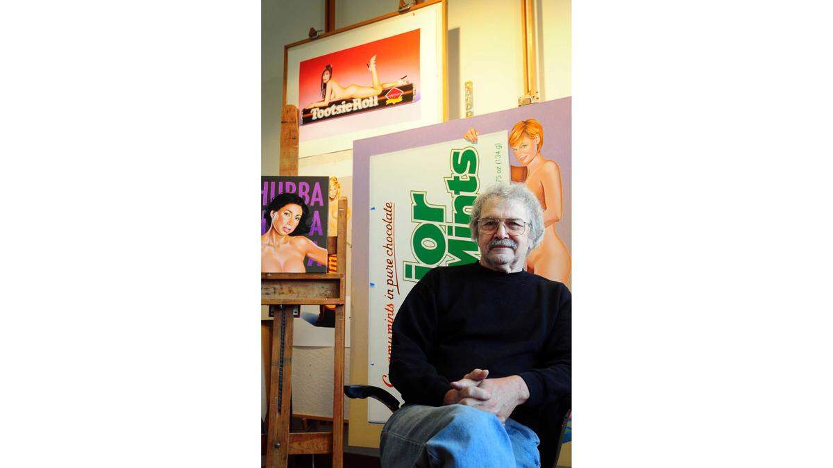 Mel Ramos, the Sacramento-born artist famous for paintings of superheroes and nude women emerging from candy bar wrappers, martini glasses and other commercial products, dead Oct. 14 at age 83. Seen is his painting “Pucci Pants.” 