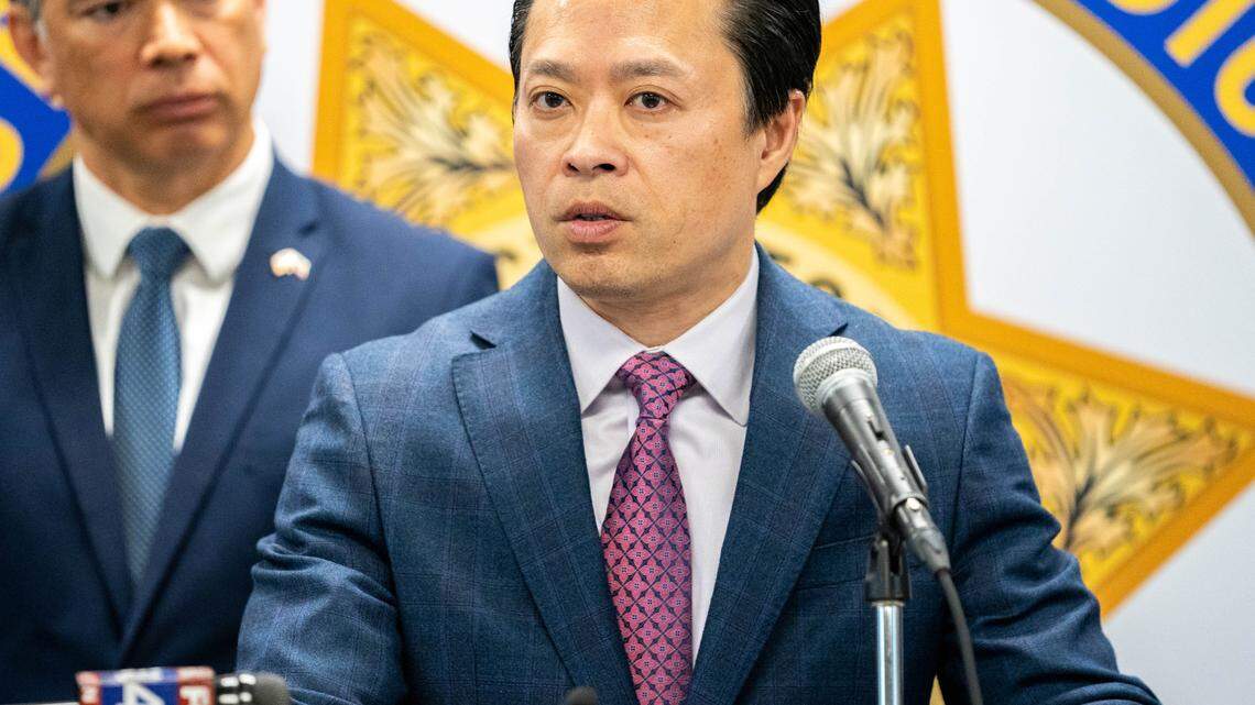 Sacramento County District Attorney Thien Ho addresses the media during a press conference at the Yuba City Police Department on Monday, April 17, 2023.