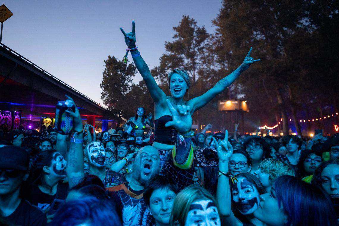 Festival attendees scream as Insane Clown Posse takes the stage in the first day of the Aftershock festival on Thursday, Oct. 10, 2024 at Discovery Park.