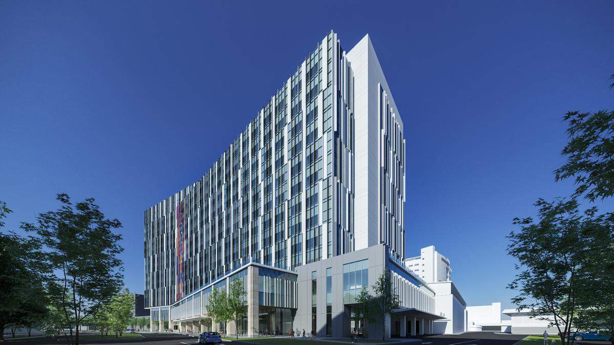 The 14-story California Tower will sit on the eastern side of Sacramento’s UC Davis Medical Center, rising above a five-story pavilion.