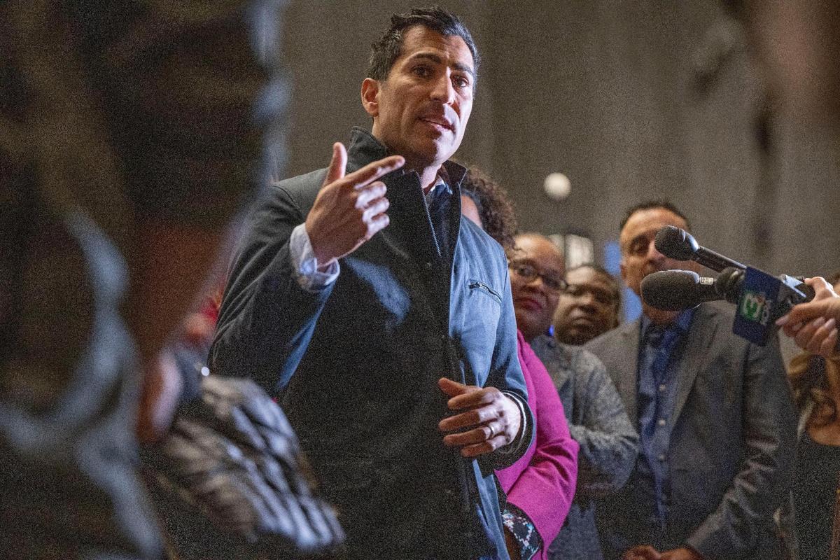 Assembly Speaker-Designee Robert Rivas makes a statement after he was elected speaker at a Democratic caucus meeting at the SAFE Convention Center in Sacramento last November. He will take the position June 30.