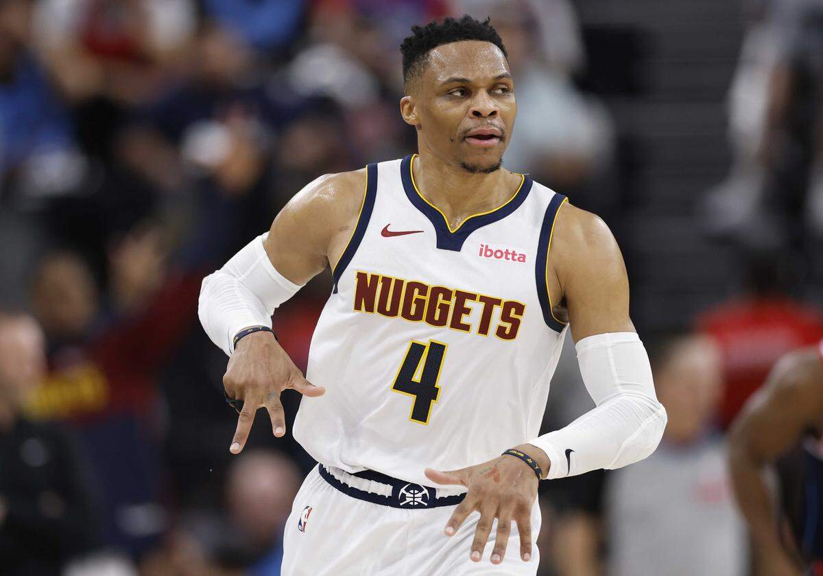 Russell Westbrook of the Denver Nuggets reacts after making a three-point basket during last year's Western Conference playoffs against the Los Angeles Clippers in May. Westbrook has reportedly signed with the Sacramento Kings for the 2025-26 season, joining his seventh NBA team in 18 years.
