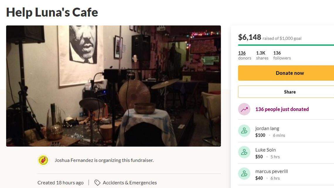 A GoFundMe page for Luna’s Cafe and Juice Bar in midtown Sacramento, which suffered a break-in early Tuesday, May 12, 2020.