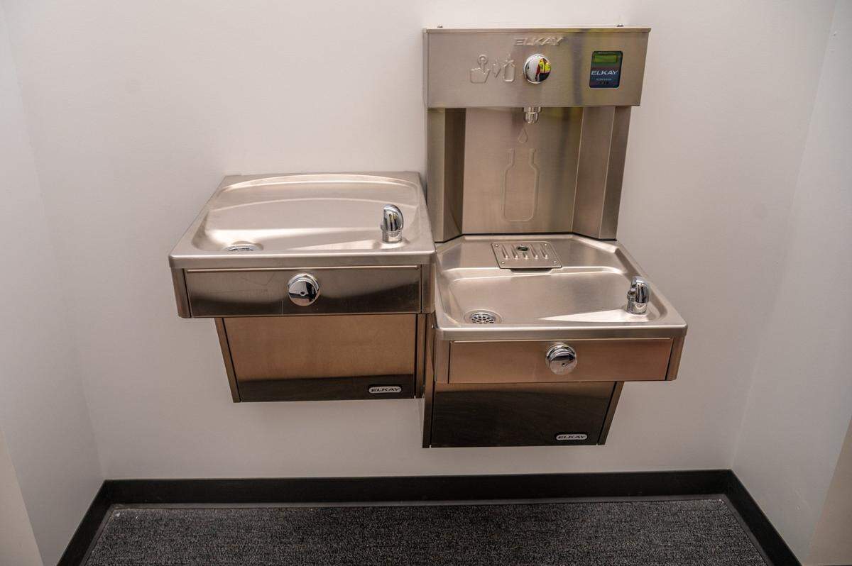 Water fountains with spigots to refill containers are one of the features throughout the new building.