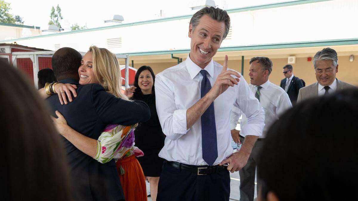 California Gov. Gavin Newsom talks with students at River City High School in West Sacramento in August. On Monday night, Newsom said in a CNN special that Kamala Harris was President Joe Biden’s best choice for vice president.
