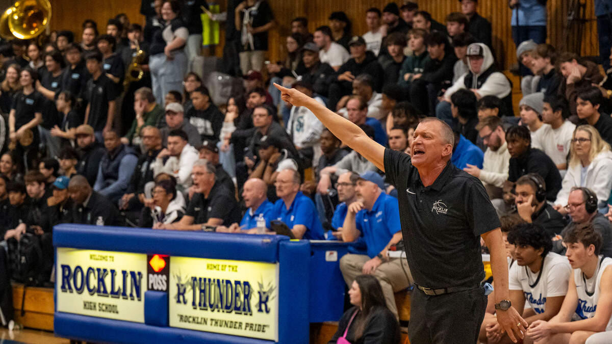 Rocklin Thunder coach Steve Taylor directs his team as they face the Sheldon Huskies in a CIF Sac-Joaquin Section boys basketball Division I quarterfinal game on Friday in Rocklin.