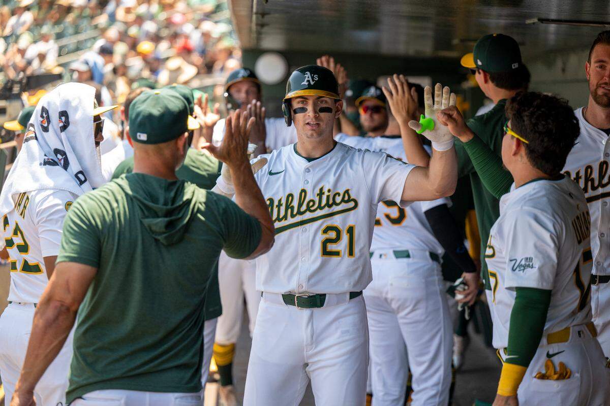Athletics outfielder Tyler Soderstrom (21) celebrated Christmas this week by signing a seven-year, $86-million contract extension to remain with the Athletics. 