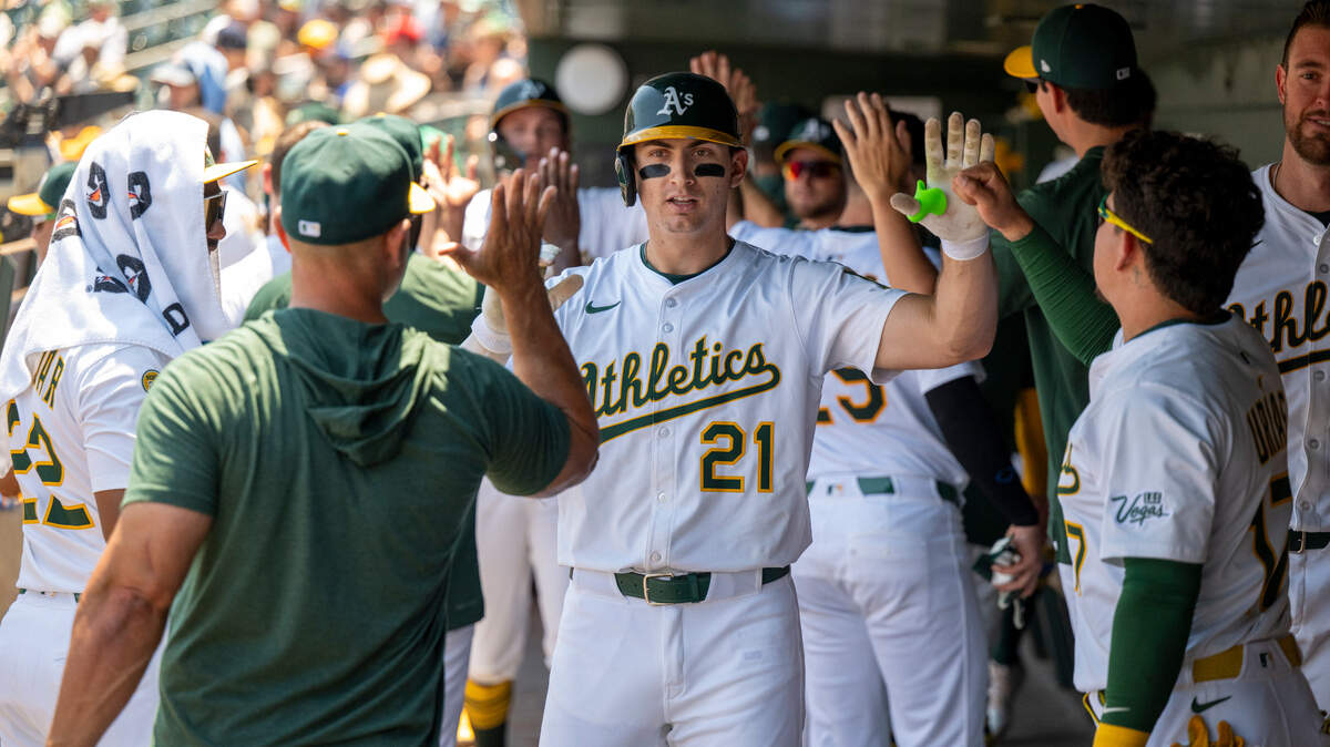 Athletics outfielder Tyler Soderstrom (21) celebrates after hitting a two-home run in the third inning during a baseball game against the Toronto Blue Jays at Sutter Health Park in West Sacramento on July 13, 2025. Soderstrom was reinstated from the injured list Wednesday after he suffered a hip injury in late June.