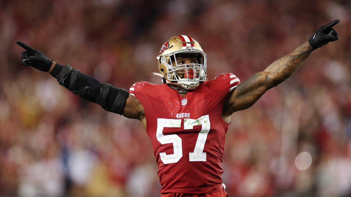 SANTA CLARA, CALIFORNIA - JANUARY 28: Dre Greenlaw #57 of the San Francisco 49ers celebrates after a stop during the fourth quarter against the Detroit Lions in the NFC Championship Game at Levi's Stadium on January 28, 2024 in Santa Clara, California. (Photo by Ezra Shaw/Getty Images)