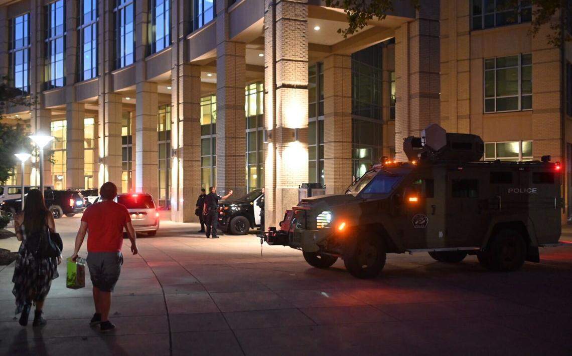 An armored police vehicle from the city of Folsom is parked outside Sacramento City Hall on Thursday night, Aug. 27, 2020 around 8 p.m., after the first of two planned protests organized by separate groups over the police shooting of Jacob Blake in Wisconsin.