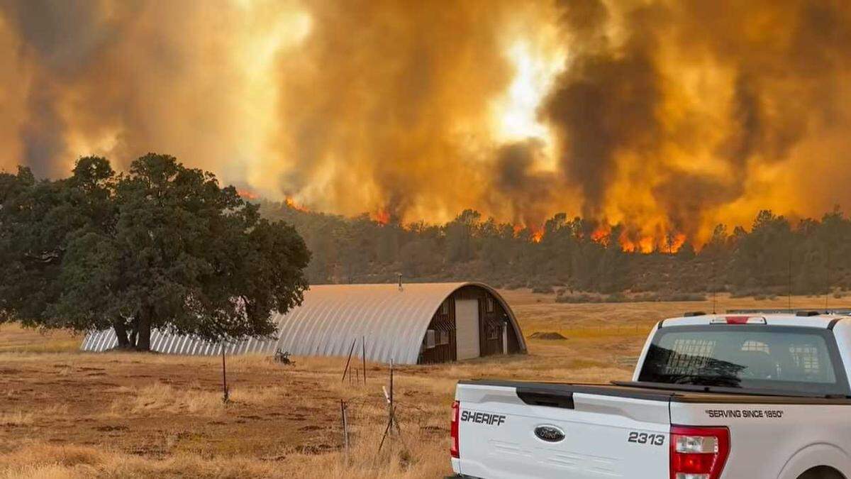 Flames from the 6-5 Fire, one of several wildfires sparked during a lightning storm in Tuolumne and Calaveras counties, is seen Tuesday, Sept. 2, 2025. Firefighters have combined 22 fires into the TCU September Lightning Complex.
