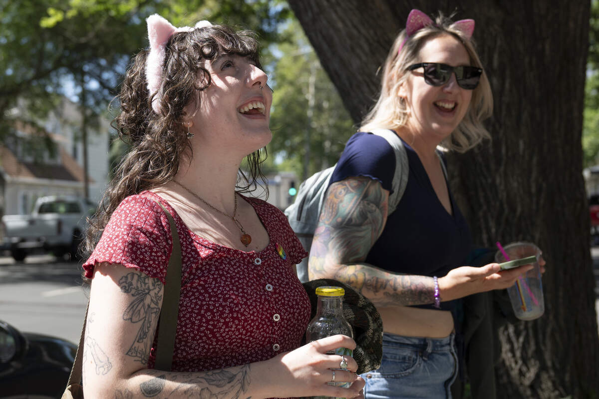 Olivia Herider and Brittany Henry look up at a cat in a window during the NorCal Resist Cat Tour in Sacramento on Sunday, June 7, 2026.