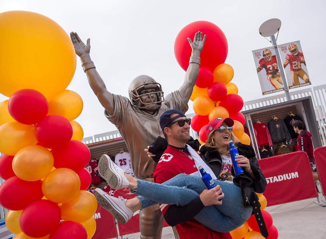 San Francisco 49ers fans celebrate installation of Joe Montana and Dwight Clark bronze statues at Levi’s Stadium on Sunday, October 21, 2018 in Santa Clara.