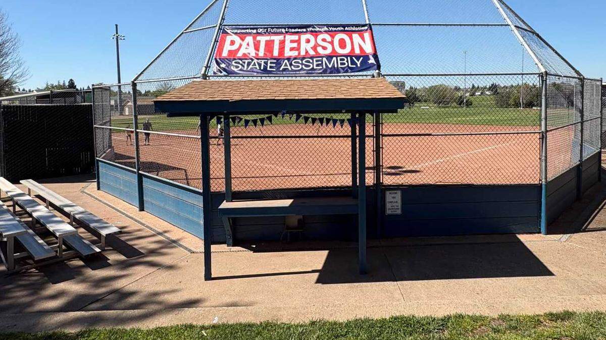 A campaign-funded banner promoting Assemblymember Joe Patterson hung above youth baseball fields for Rocklin Little League last week at Twin Oaks Park.