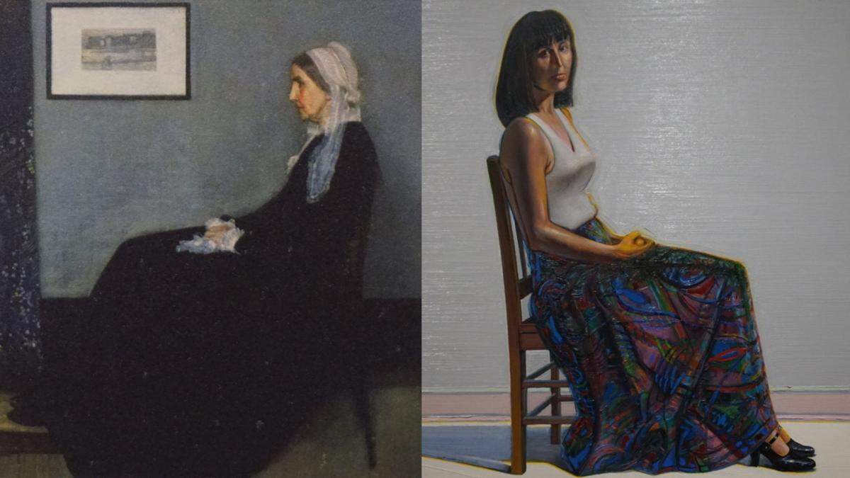 “Arrangement in Grey and Black No. 1 (Portrait of the Artist’s Mother),” by James McNeill Whistler (left) and “Tapestry Skirt,” by Wayne Thiebaud (right).