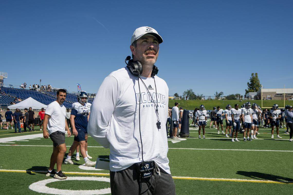 UC Davis head coach Tim Plough during spring practice at UC Davis Health Stadium on Saturday. 