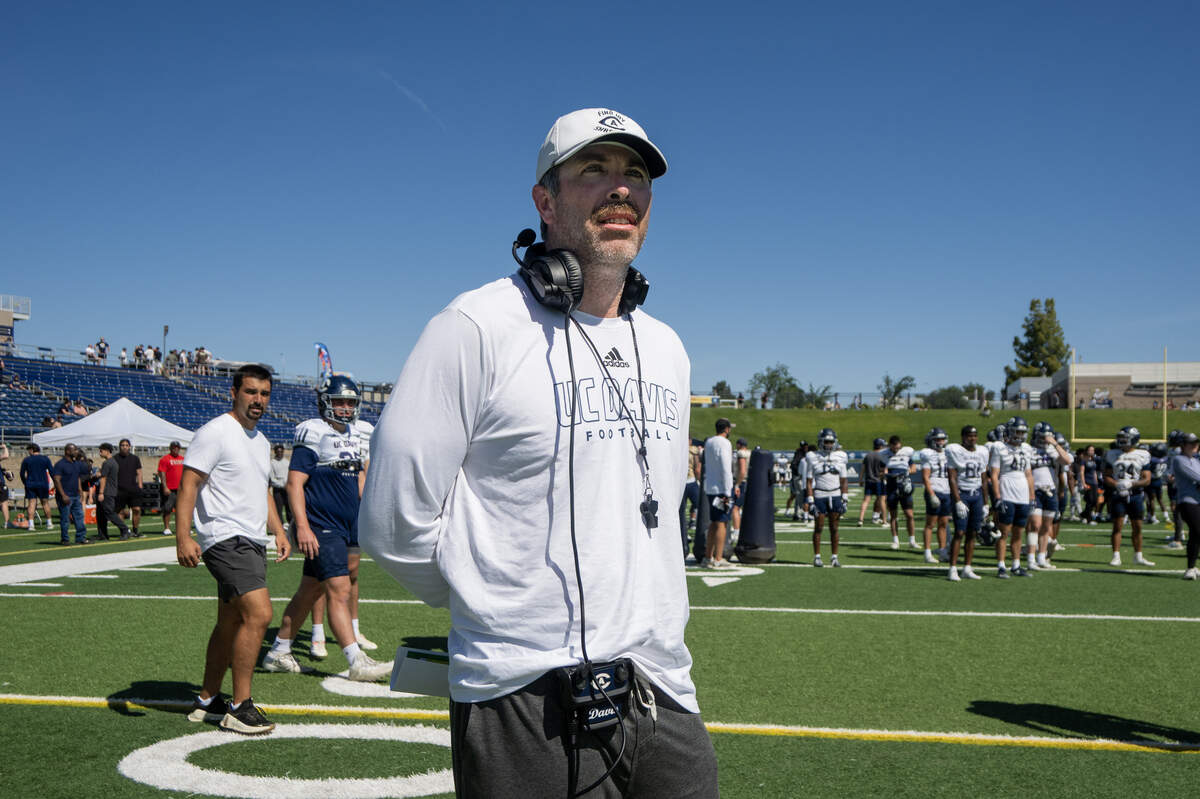 UC Davis head coach Tim Plough during spring practice at UC Davis Health Stadium on Saturday.