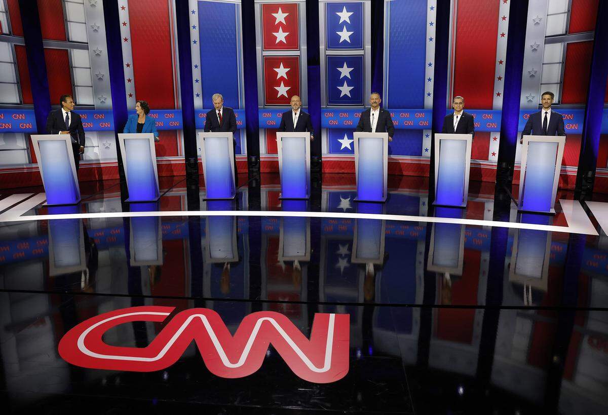 Left to right, California gubernatorial candidates former Los Angeles Mayor Antonio Villaraigosa, former U.S. Rep. Katie Porter (D-CA), Businessman Tom Steyer, businessman Steve Hilton, Riverside Sheriff Chad Bianco, former U.S. Secretary of Health and Human Services Xavier Becerra, San Jose Mayor Matt Mahan look on during a CNN California Governor Primary Debate at East Los Angeles College on May 5, 2026, in Monterey Park, California. CNN hosted a debate with seven of the top contenders in the race for California Governor. The debate was moderated by CNN anchors Kaitlan Collins and Elex Michaelson. (Justin Sullivan/Getty Images/TNS)