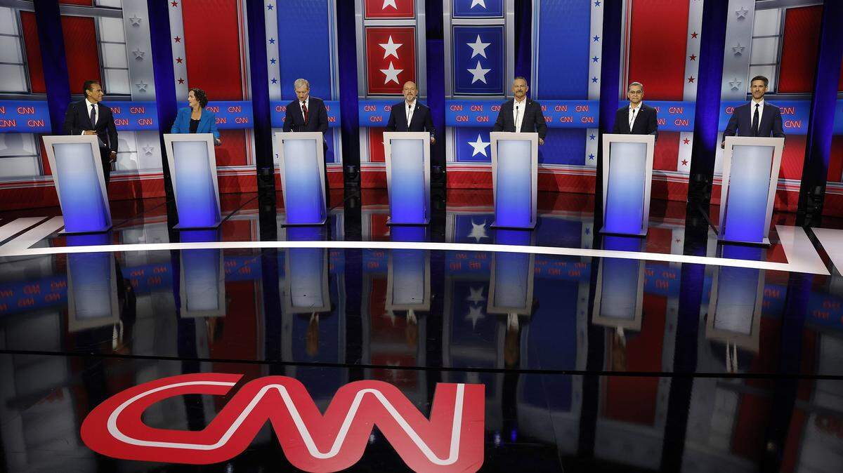 Left to right, California gubernatorial candidates former Los Angeles Mayor Antonio Villaraigosa, former U.S. Rep. Katie Porter (D-CA), Businessman Tom Steyer, businessman Steve Hilton, Riverside Sheriff Chad Bianco, former U.S. Secretary of Health and Human Services Xavier Becerra, San Jose Mayor Matt Mahan look on during a CNN California Governor Primary Debate at East Los Angeles College on May 5, 2026, in Monterey Park, California. CNN hosted a debate with seven of the top contenders in the race for California Governor. The debate was moderated by CNN anchors Kaitlan Collins and Elex Michaelson. (Justin Sullivan/Getty Images/TNS)