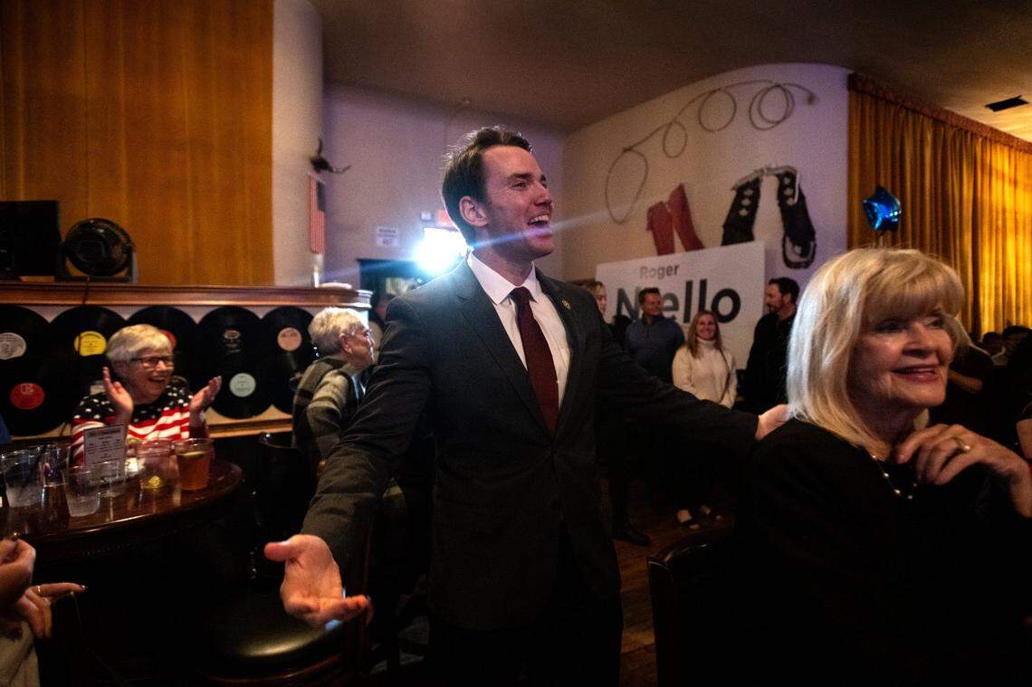 Republican 3rd Congressional District candidate Kevin Kiley greets supporters at the Opera House Saloon in Roseville, Tuesday, Nov. 8, 2022.