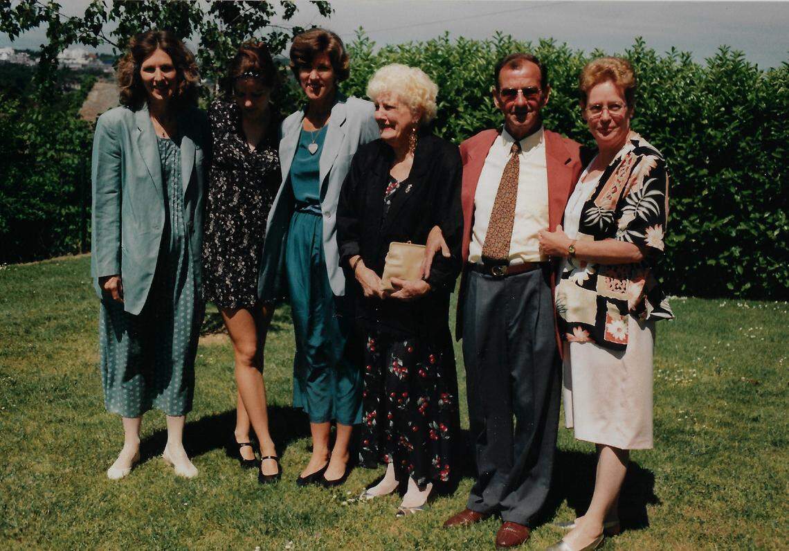 The grand fête. On the left, four members of the author’s family. On the right, Gilbert Des Clos and his wife, Huguette.