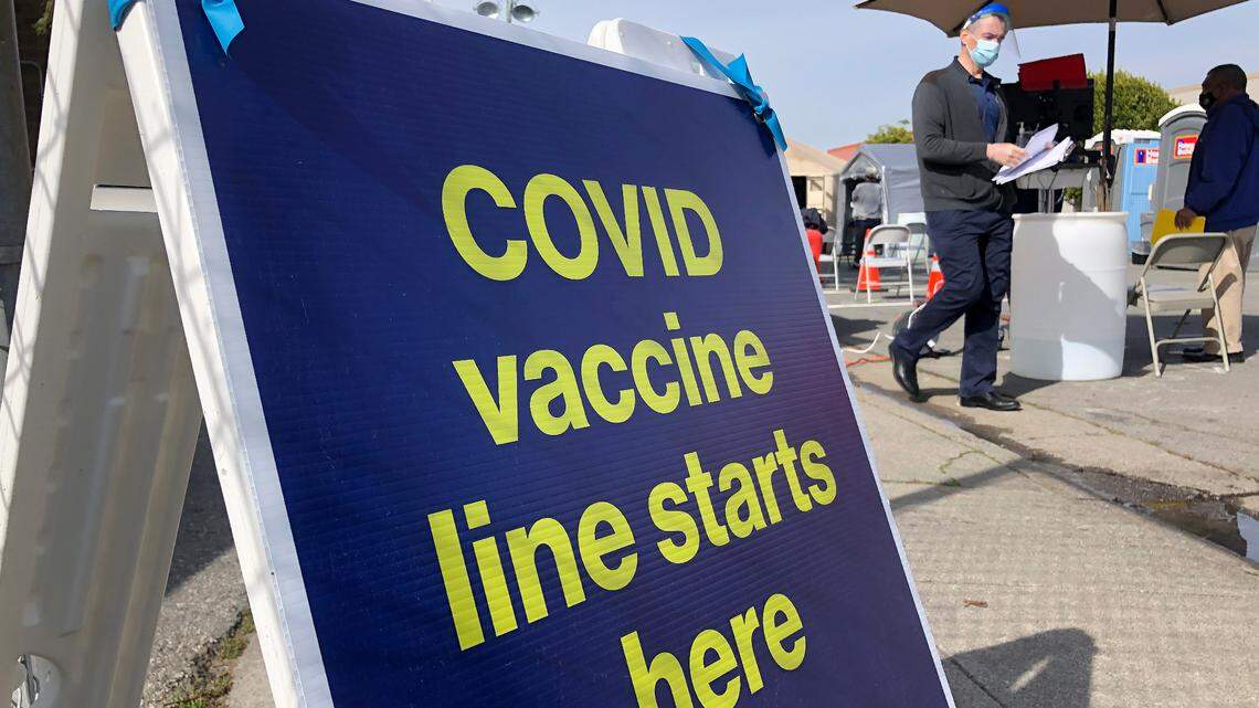 FILE - A sign is displayed at a COVID-19 vaccine site in the Bayview neighborhood of San Francisco on Feb. 8, 2021. (AP Photo/Haven Daley, File)