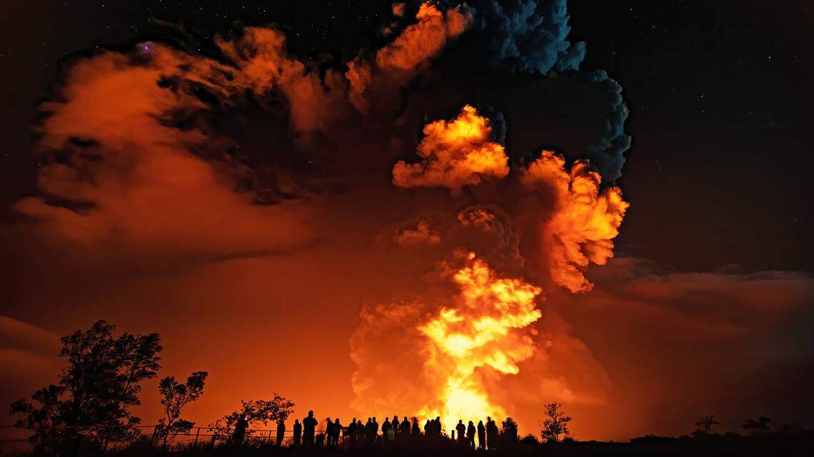 Kilauea’s summit erupted late Sunday, turning a dangerously hot lake of water into a deadly lake of lava, the U.S. Geological Survey reported early Monday. This photo was taken by live webcams inside Halemaumau.