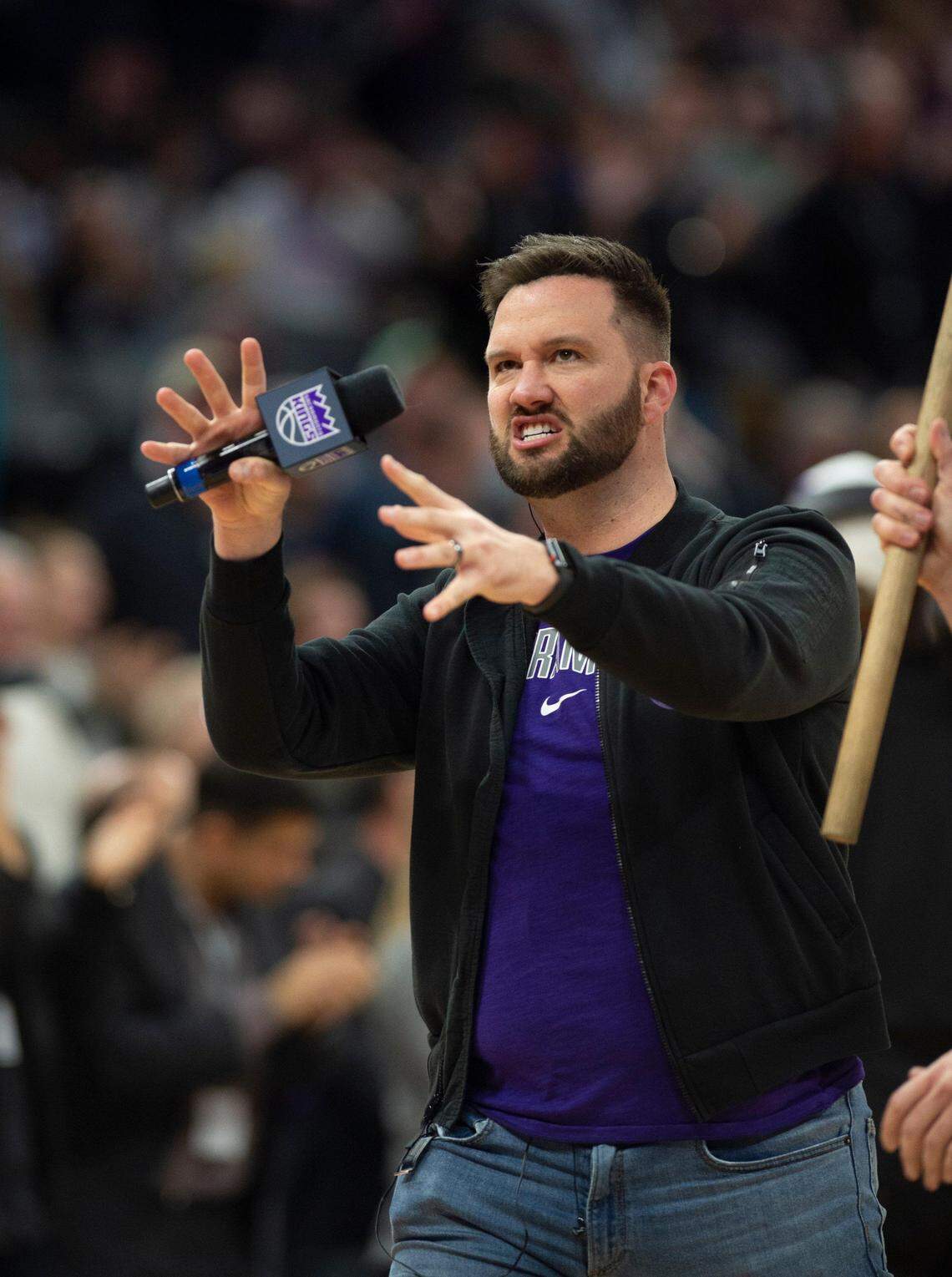Scott Freshour, Kings director of entertainment, directs the crowd at the beginning of the fourth quarter in Friday nights NBA basketball game between the Sacramento Kings and Miami Heat on Feb. 8, 2019 at the Golden 1 Center.