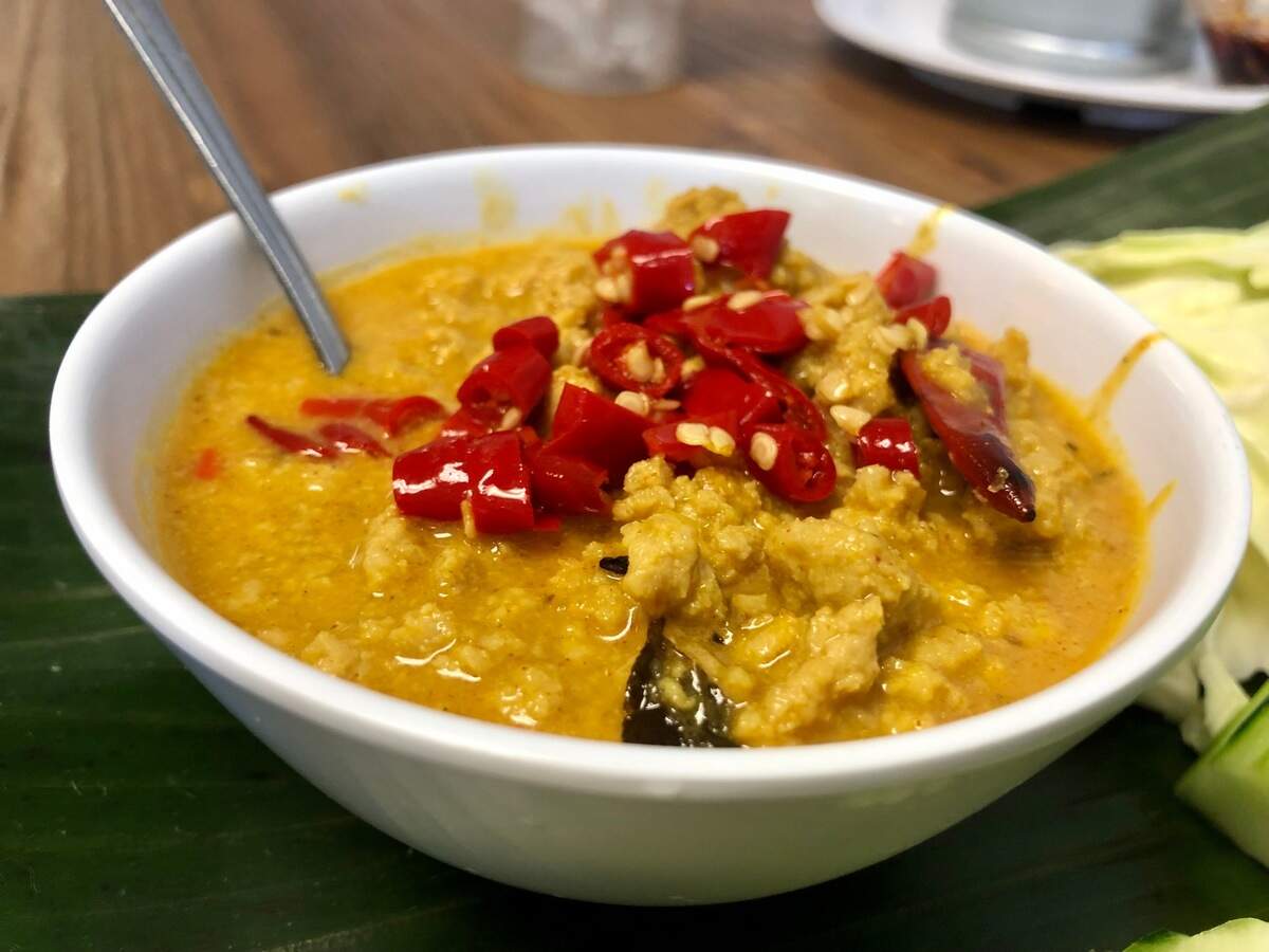 S.E.A. Hut’s prahok ktis uses ground chicken instead of the Cambodian dip’s usual pork.