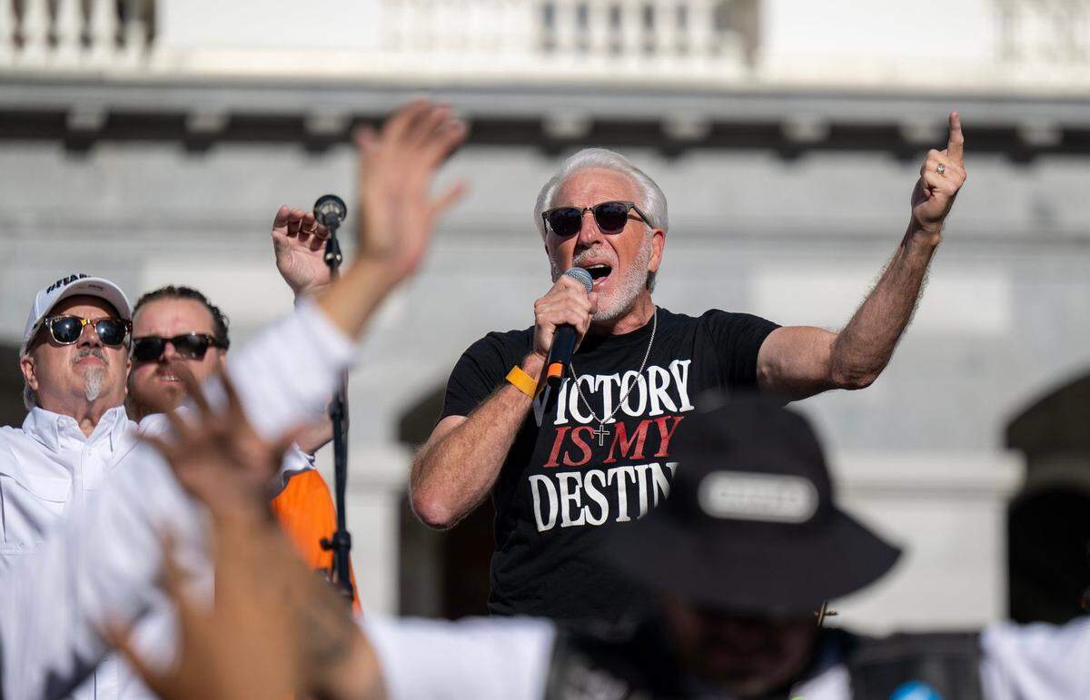 Greg Fairrington, the pastor of Destiny Church in Rocklin who recently took over Capitol Christian Church in Sacramento, speaks to the crowd at the state Capitol during the Let Us Worship rally on Saturday.