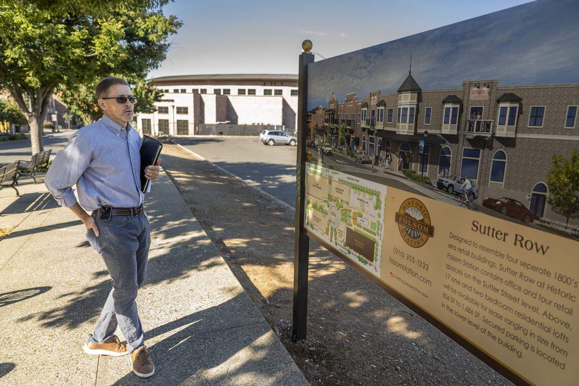 Desmond Parrington, a planning manager for Folsom, stands on Friday in front of a development proposal. Parrington said that the city has concerns about the impact of adding taller buildings, which could be required to meet Senate Bill 79's density goals, to its historic downtown.