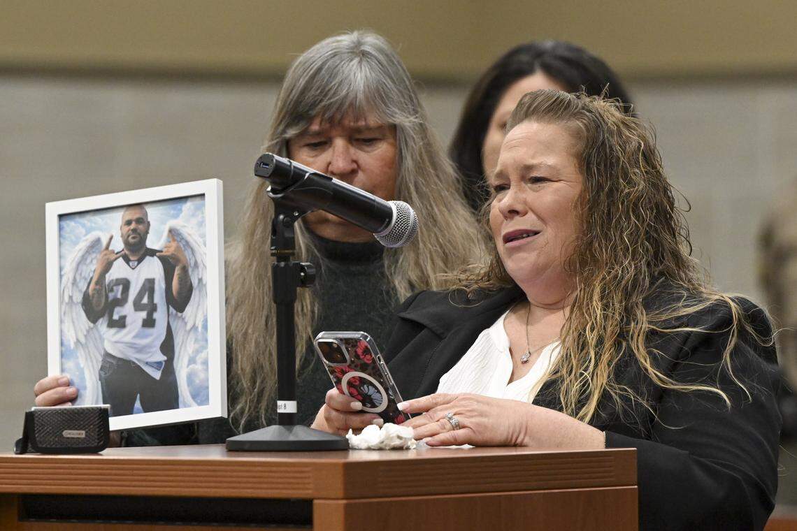 Tiffany Nolan-Rodriguez speaks in Yolo Superior Court in Woodland on Thursday, April 16, 2026, about her husband Carlos Rodriguez-Mora, one of the victims of the Esparto explosion. Tiffany’s aunt, Jerlena Nolan-Butler, left, holds a photo of Rodriguez-Mora as Tiffany speaks.