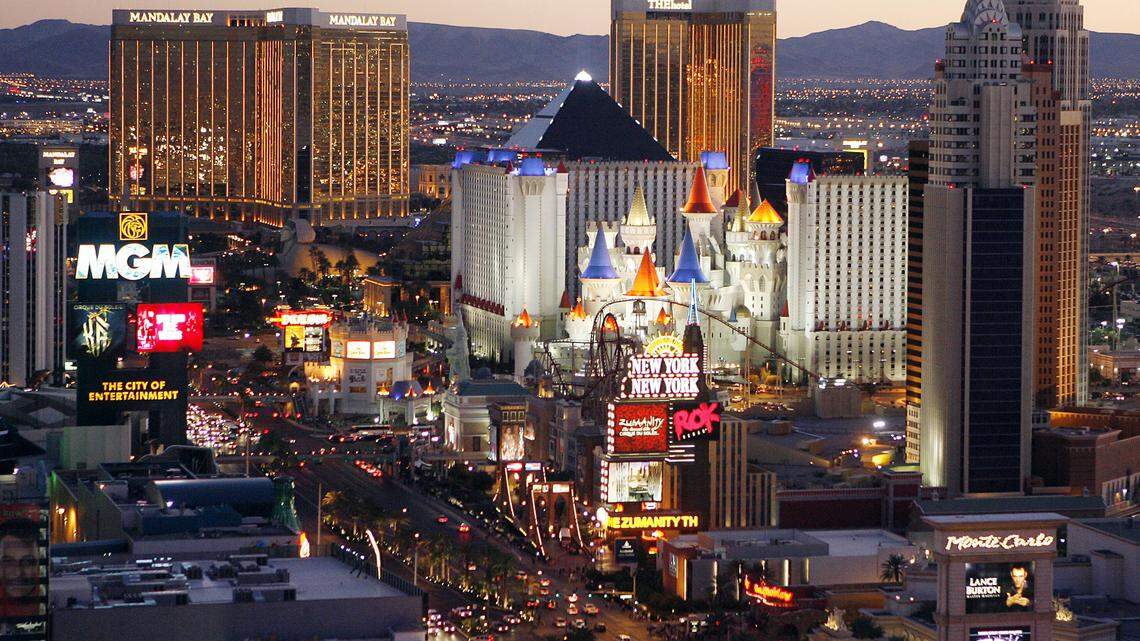 FILE - This Oct. 20, 2009, file photo shows casinos along the strip in Las Vegas. (AP Photo/Isaac Brekken, File)