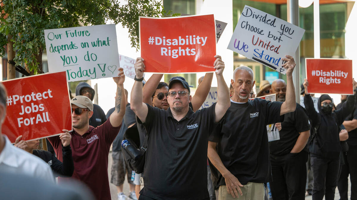 Pride Industries rally and meetings in front of and inside the Square Space on 10th and O st. in downtown Sacramento, June 11, 2025.