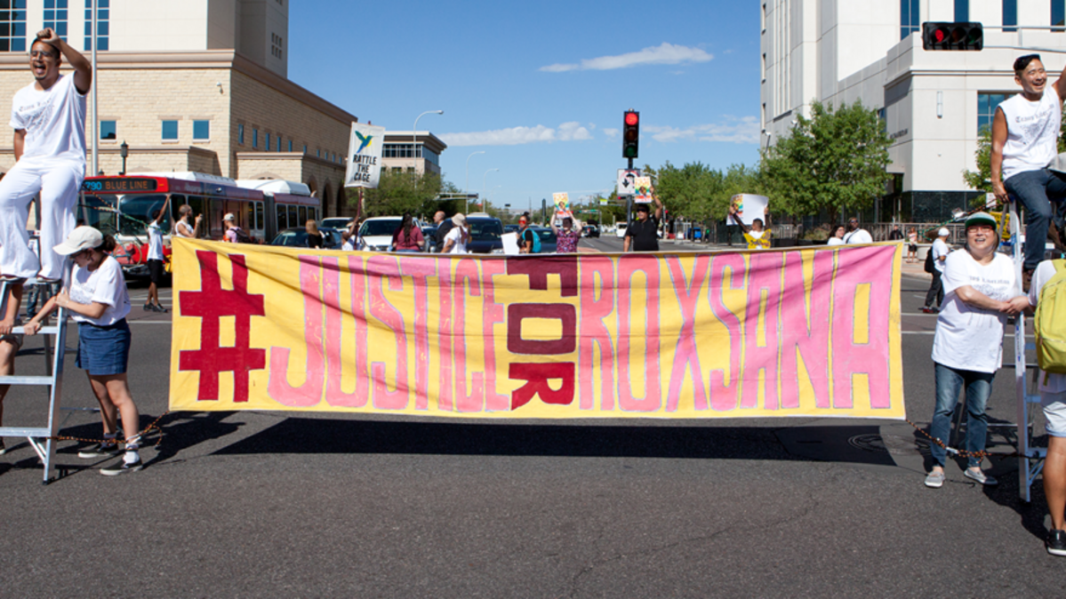 LGBTQ and migrant rights activists block intersection in Albuquerque, NM, in August 2018 to demand justice for Roxsana.