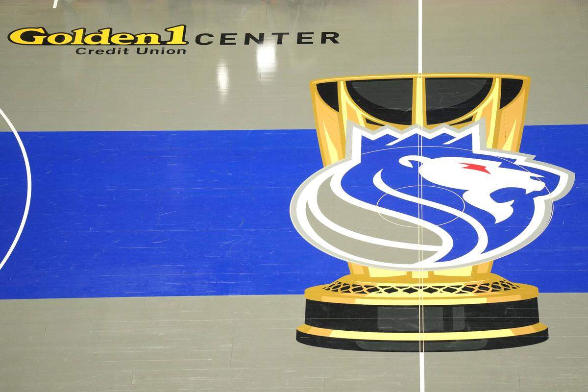 The Sacramento Kings logo for the inaugural NBA Cup in-season tournament is displayed at midcourt before the game against the New Orleans Pelicans on Dec. 4, 2023, at Golden 1 Center.