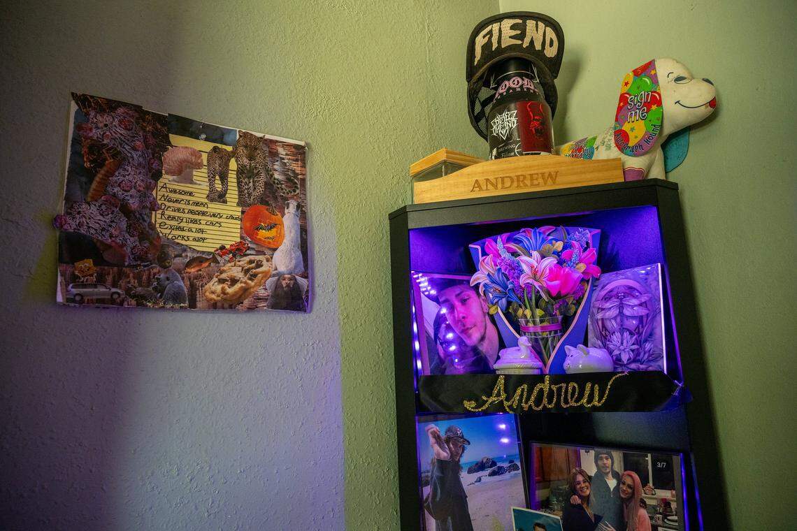 Drew Pringle’s ashes rest on top of a corner bookcase in his mother Cheryl Pringle’s home on May 19 in Rosemont. At left is an acrostic Drew made in fourth grade: “A” was for “Awesome,” “N” for “Never is mean,” “D” for “Drives people very crazy,” “R” for “Really likes cars,” “E” for “Excited a lot,” and “W” for “Works a lot.”