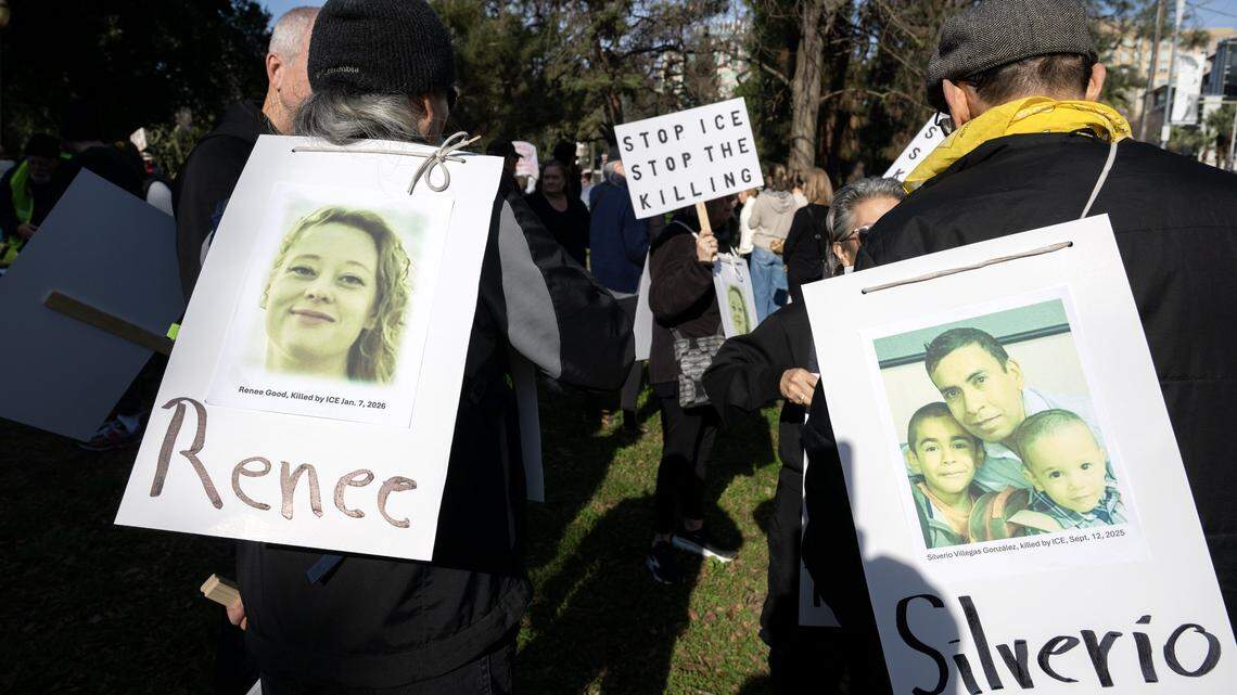 Protesters carry pictures of people killed by ICE agents as they march from Capitol Park to Memorial Auditorium in Sacramento. Prosecuting ICE agent violence affirms the rule of law.