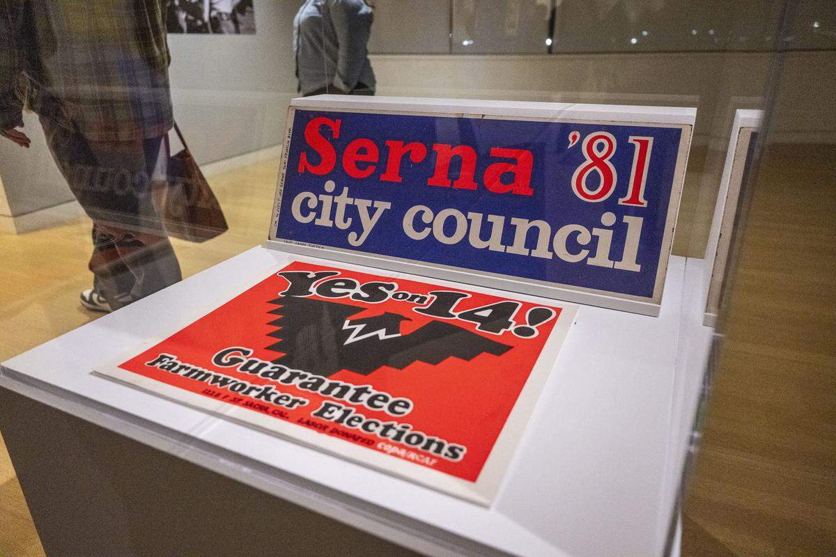 A campaign banner for Sacramento Mayor Joe Serna, an early Royal Chicano Air Force member, is displayed during the preview night for an exhibit about the group at the Crocker Art Museum on Friday. Serna died in 1999.