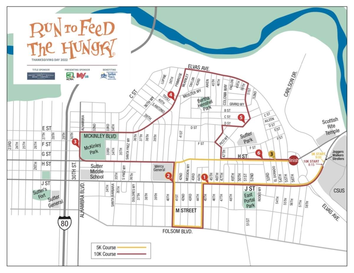 Run to Feed the Hungry 2022 will close major East Sacramento roadways from as early as 6 a.m. to noon on Thanksgiving Day morning, Thursday, Nov. 24. Here’s a look at the course, which starts on J Street and loops into East Sacramento’s tree-lined streets.