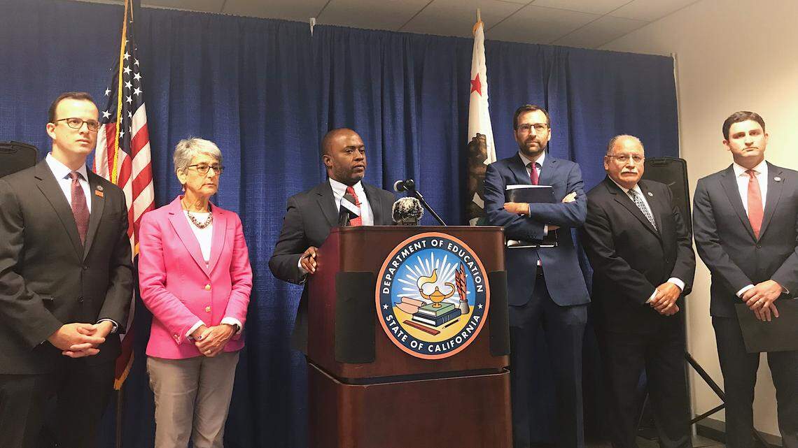 California Superintendent of Public Instruction Tony Thurmond stands with members of the Jewish legislative caucus at a news conference Wednesday at the Department of Education in Sacramento discussing the state’s ethnic studies draft curriculum. From left: Assemblyman Marc Berman, Sen. Hannah-Beth Jackson, Thurmond, Sen. Ben Allen, Assemblyman Jose Medina and Assemblyman Jesse Gabriel.