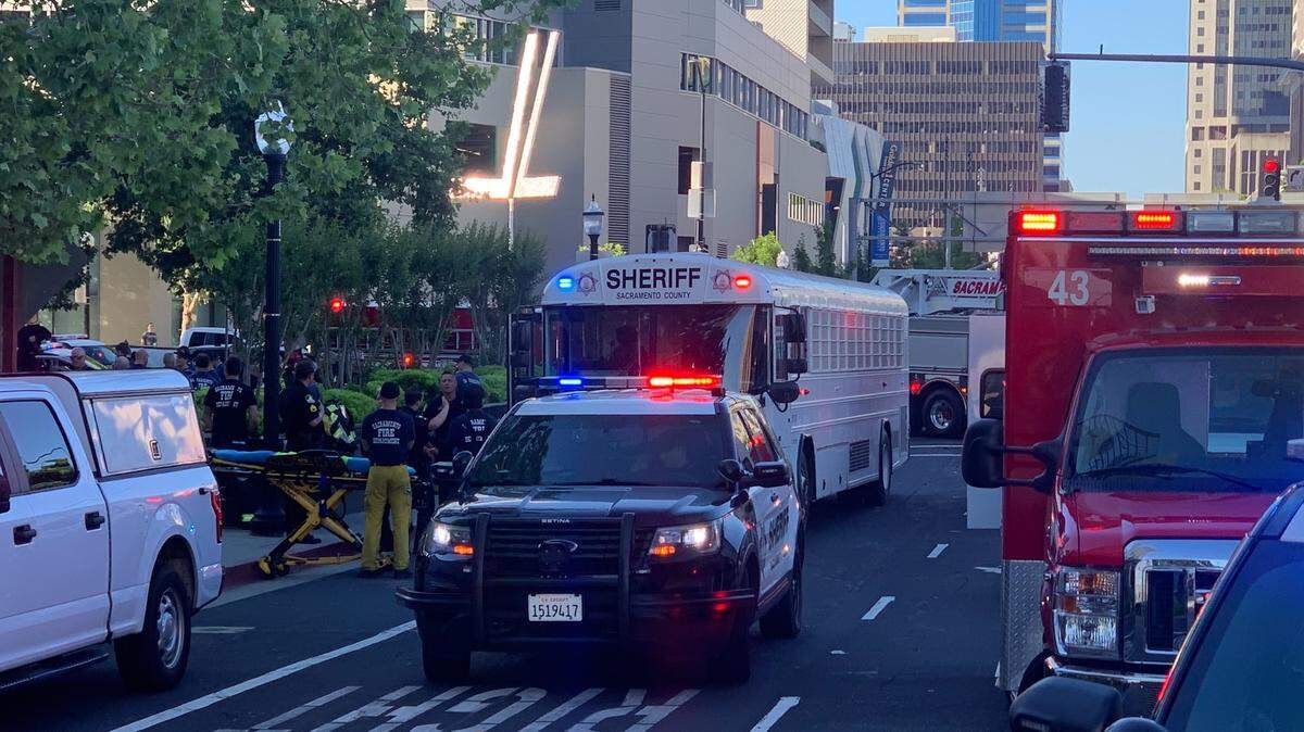 Thirteen inmates were injured after a crash between a Tesla and a Sacramento County Sheriff’s Office inmate transfer bus at the intersection of Fifth and I streets in downtown Sacramento on Friday morning, May 19, 2023. None of the injuries were life-threatening, authorities said.