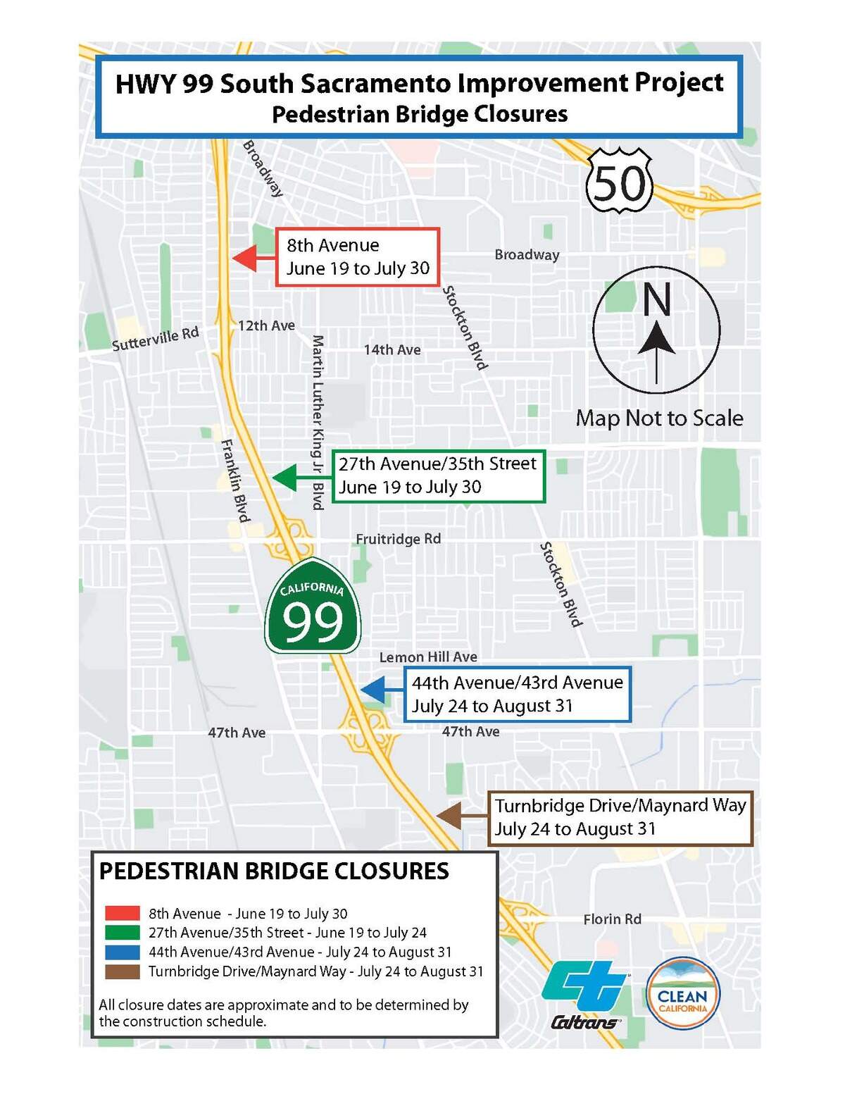 Pedestrian bridges along Highway 99 between Broadway and Florin Road will close this summer for maintenance.