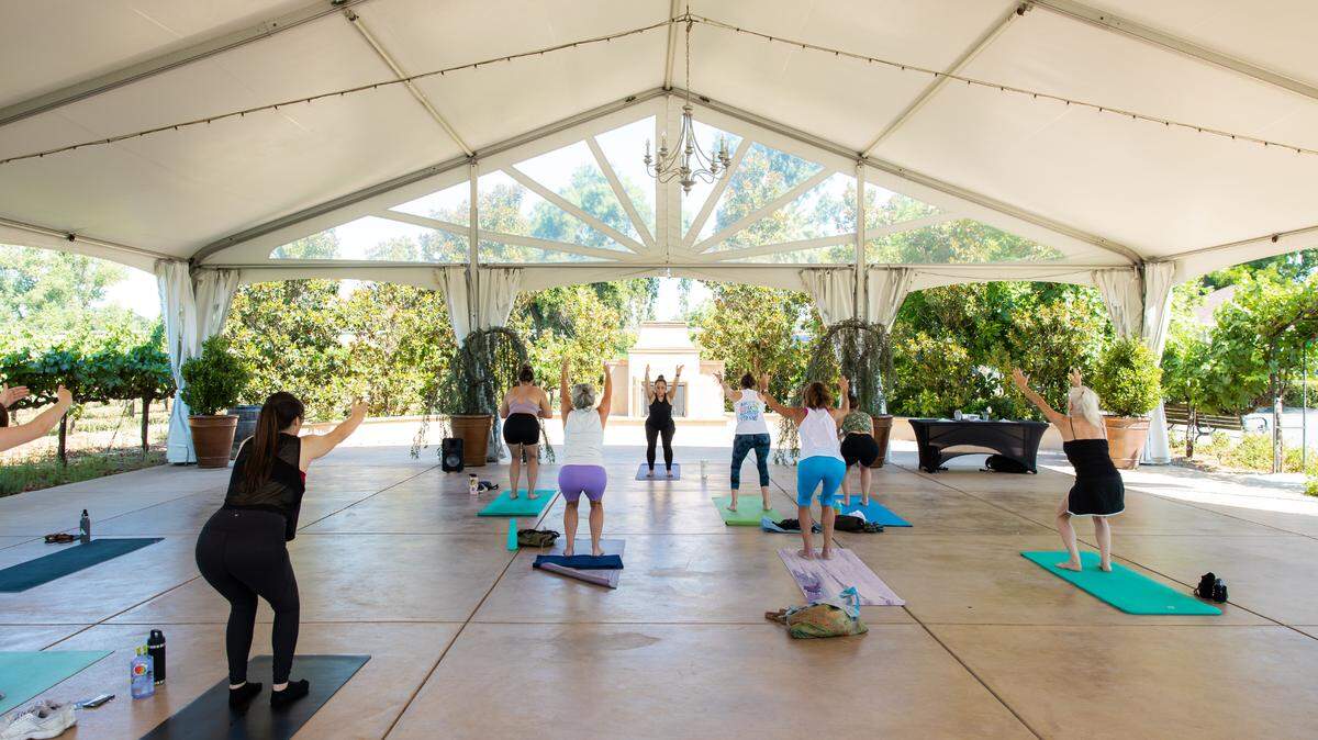 Registered yoga teacher Kathryn Luna guides people through yoga poses at Scribner Bend Vineyards at 9051 River Road in south Sacramento County. The vineyard hosts outdoor summer yoga classes through Aug. 25.
